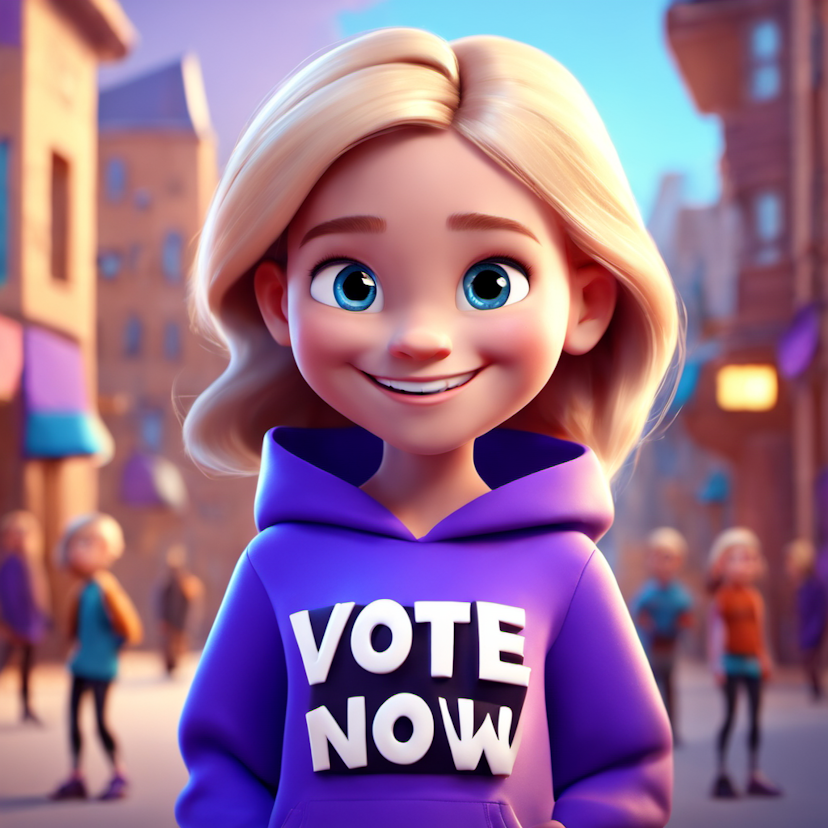 Pixar style, Cute cartoon style of young girl wearing purple clothes with smile front wearing black hoodie written: "Vote Now" blue eyes and blonde hair, 3d render